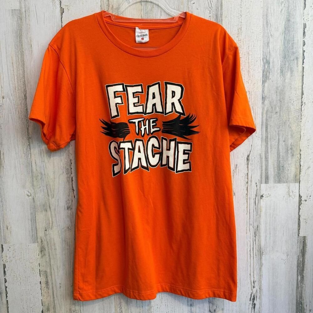 Vintage Charlie Hustle 'Fear The Stache' Orange T-Shirt Large Graphic Tee Shirt